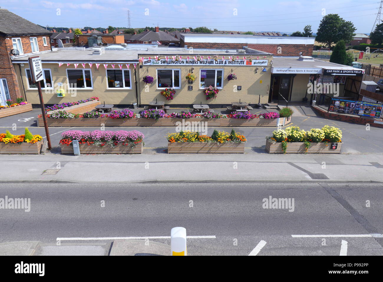 The beautifully decorated exterior of Swillington Miners Welfare Club