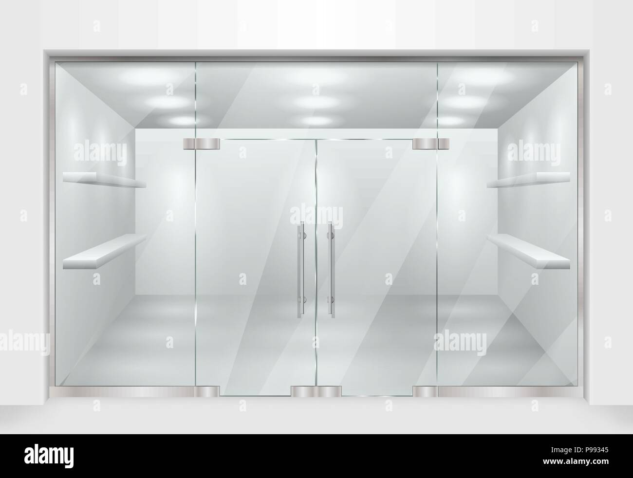 Template for advertising 3d store front facade. Exterior horizontal empty shop with Shelves. Blank mockup of stylish glass street shop. Vector illustration Stock Vector