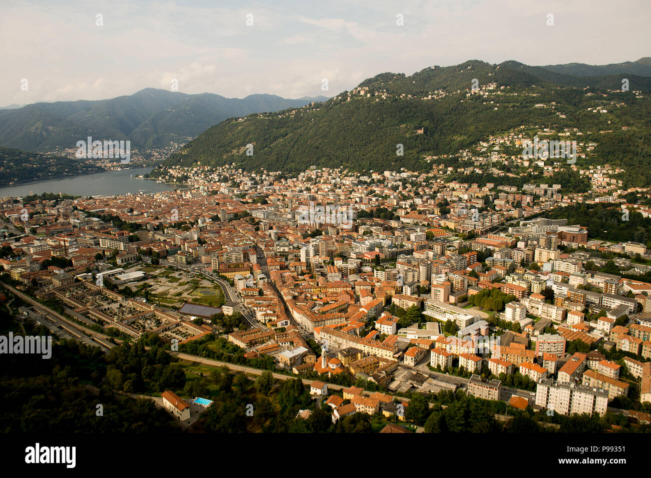 Italy,Lombardy,Como,City and Lake Como seen from the top of the Baradello Castle tower Stock Photo