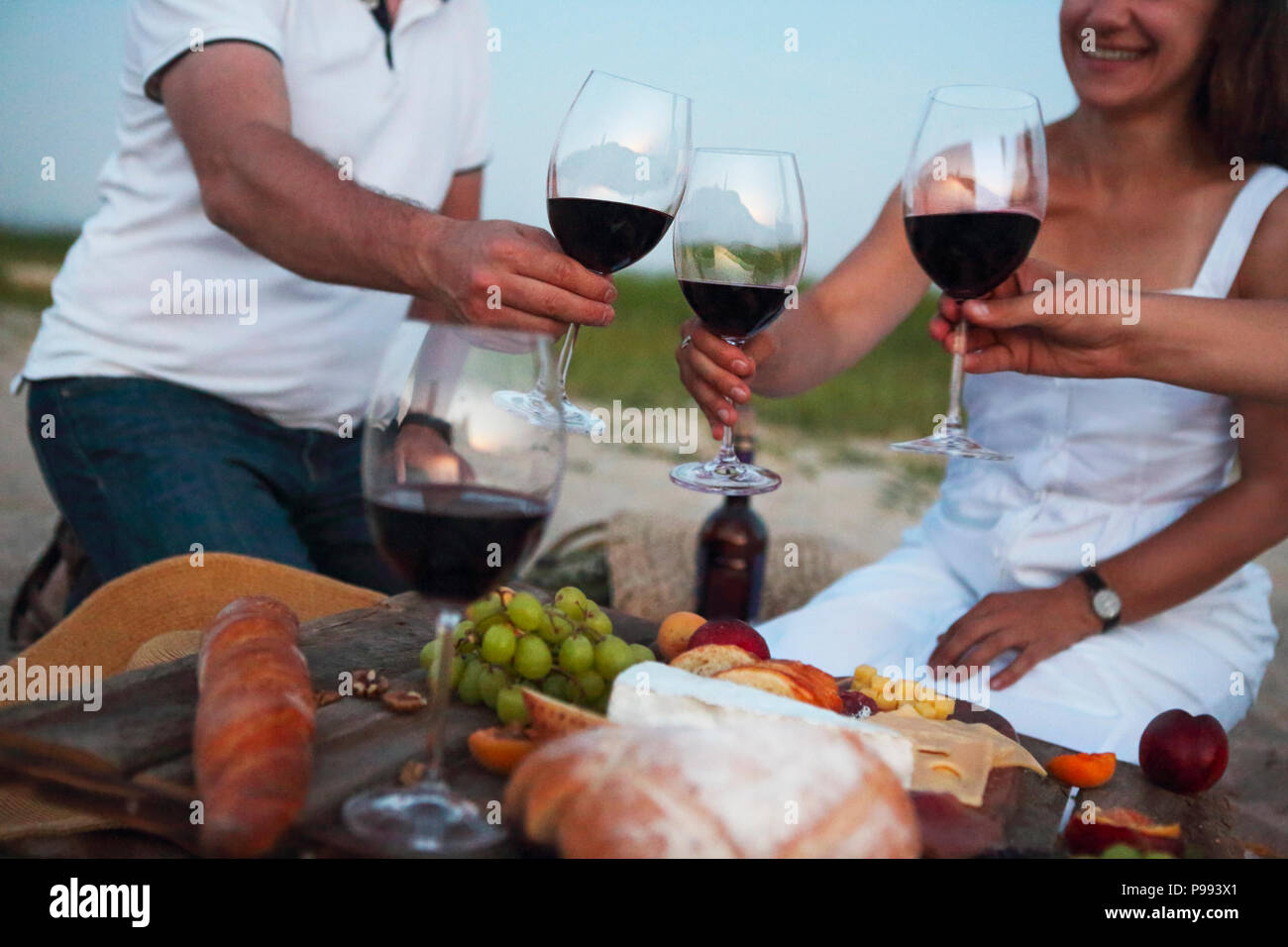 People drinking red wine outdoor. Summer picnic on the beach Stock