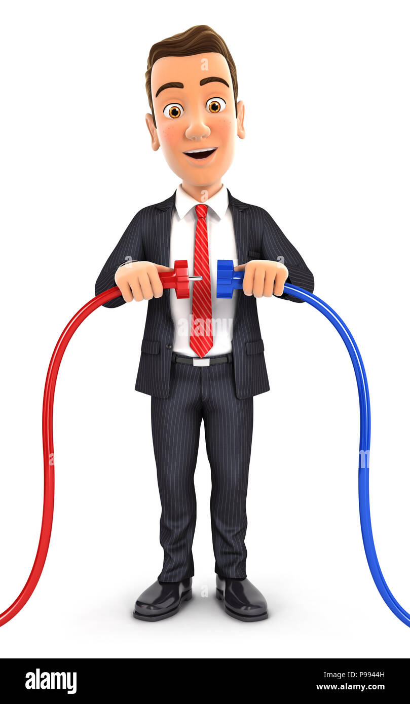 3d businessman plugging two power cords, illustration with isolated white background Stock Photo