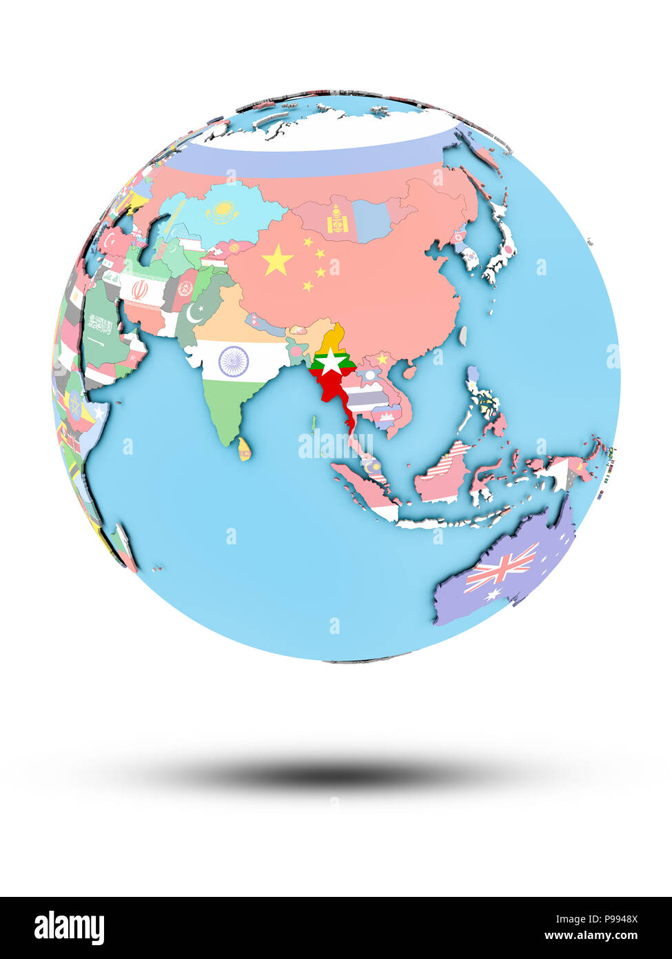 Myanmar on political globe with national flags isolated on white ...