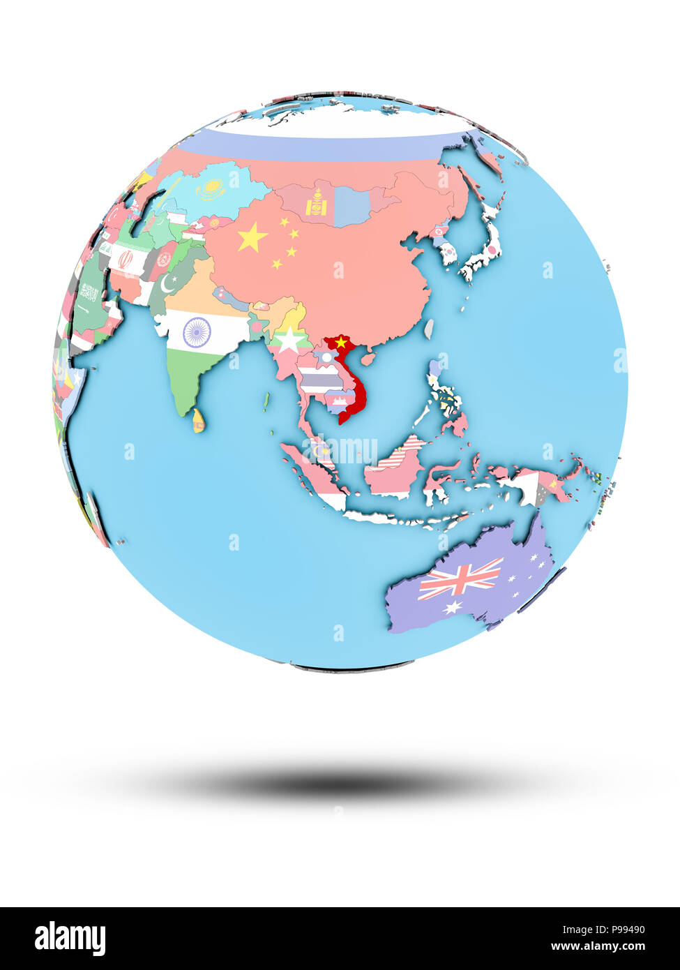 Vietnam on political globe with national flags isolated on white ...