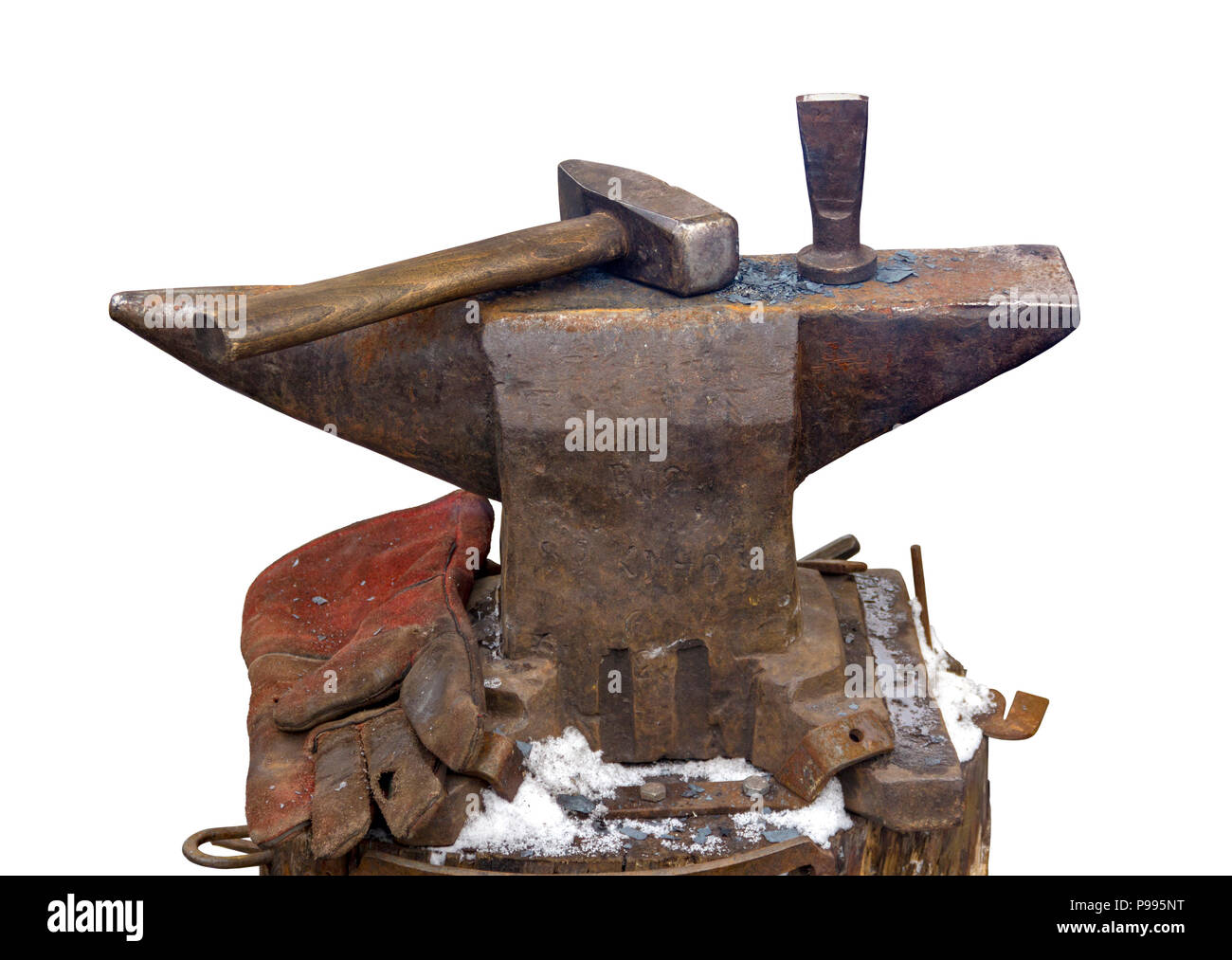 old used anvil and hammer in white back Stock Photo