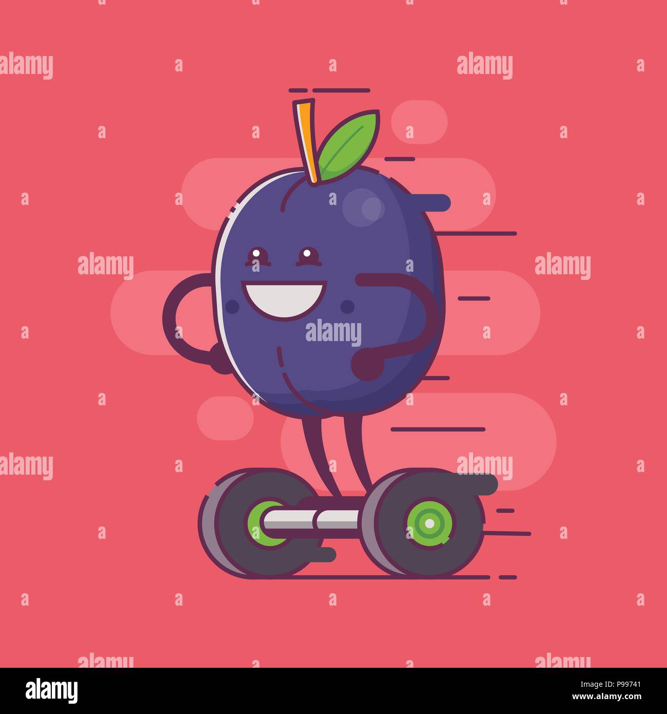 Funny Fruit Plum Character on Gyroscooter Stock Vector