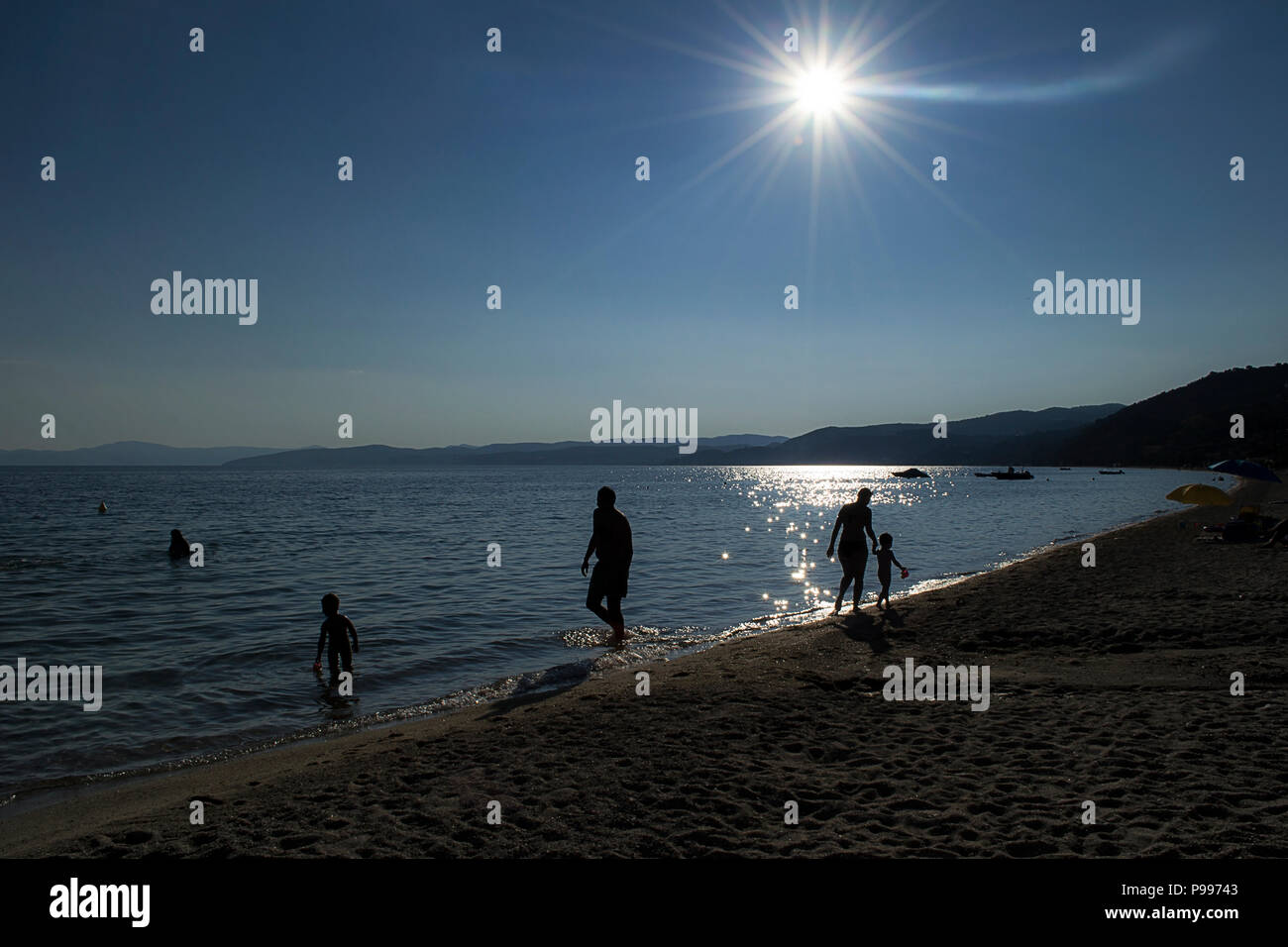 Sunset on the Xiropotamos Beach in Greece. Stock Photo