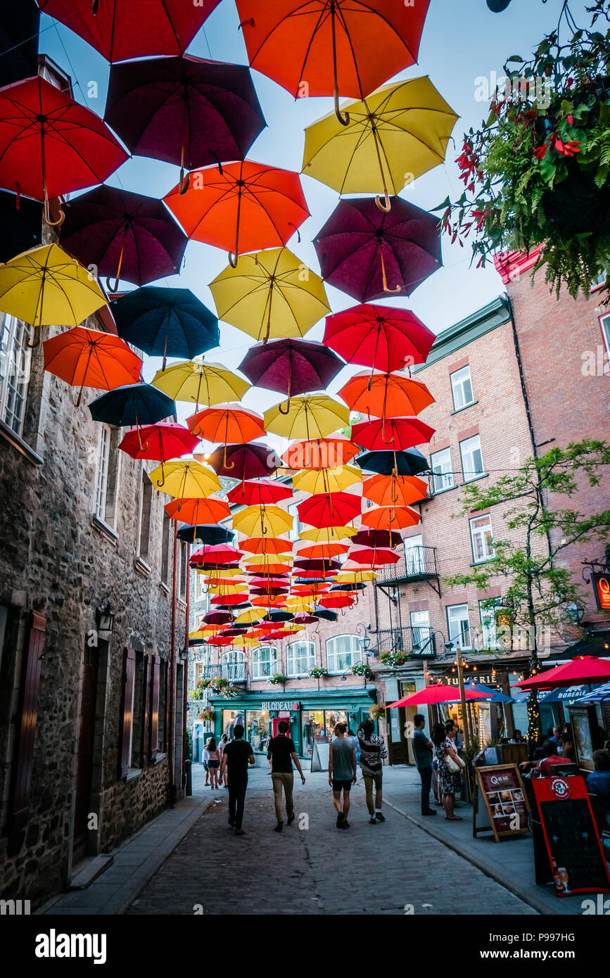 colorful umbrellas outdoor decoration lower town quebec city canada Stock Photo