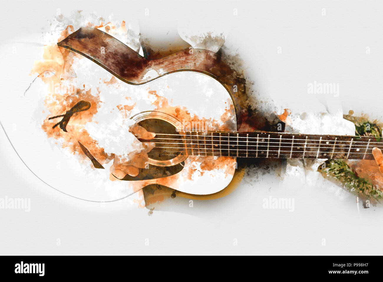 Abstract beautiful playing acoustic Guitar in the foreground on Watercolor  painting background and Digital illustration brush to art Stock Photo -  Alamy