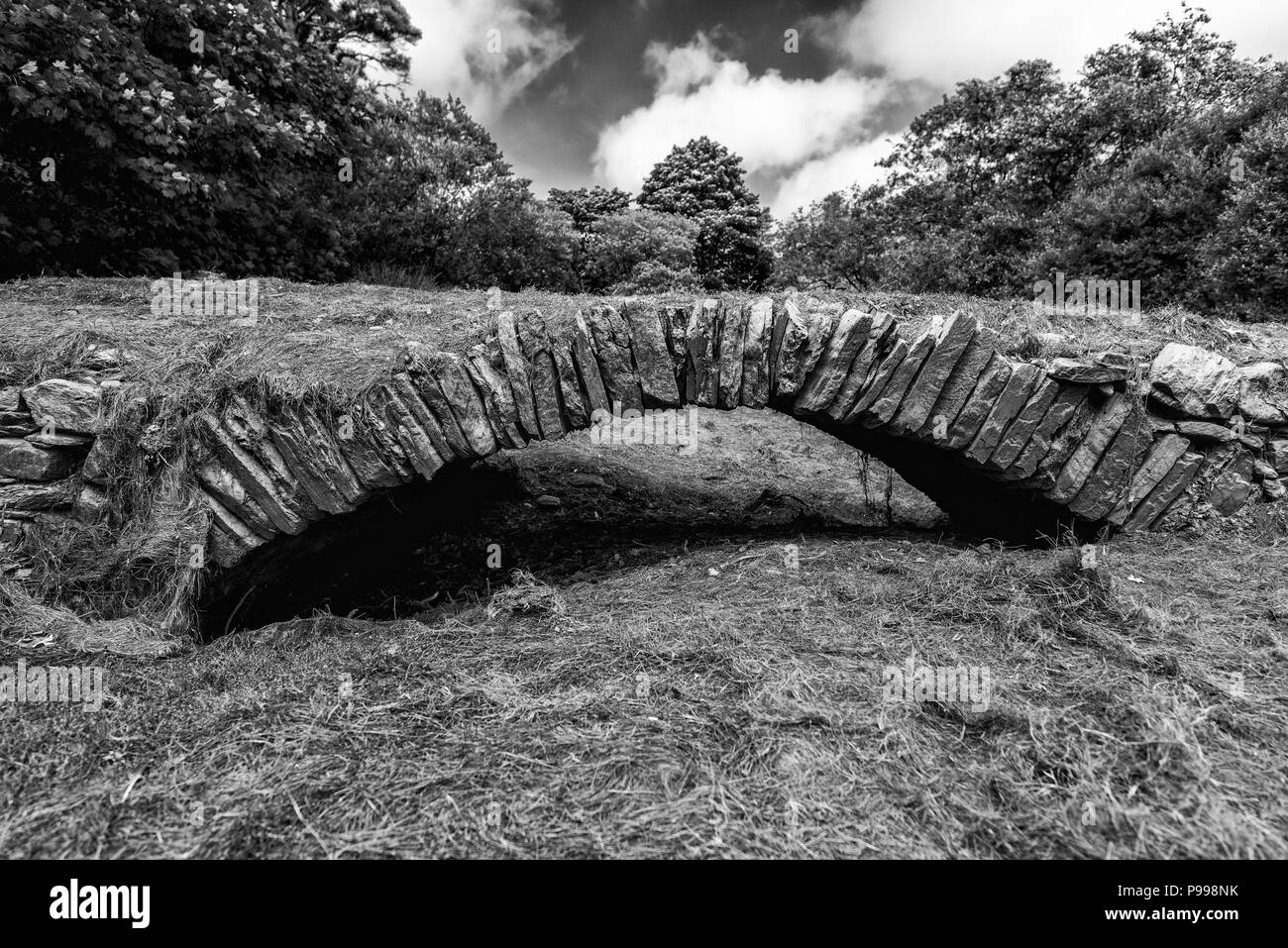 Ancient bridge only visible during drought, Injebreck reservoir, West Baldwin, Isle of Man. Stock Photo