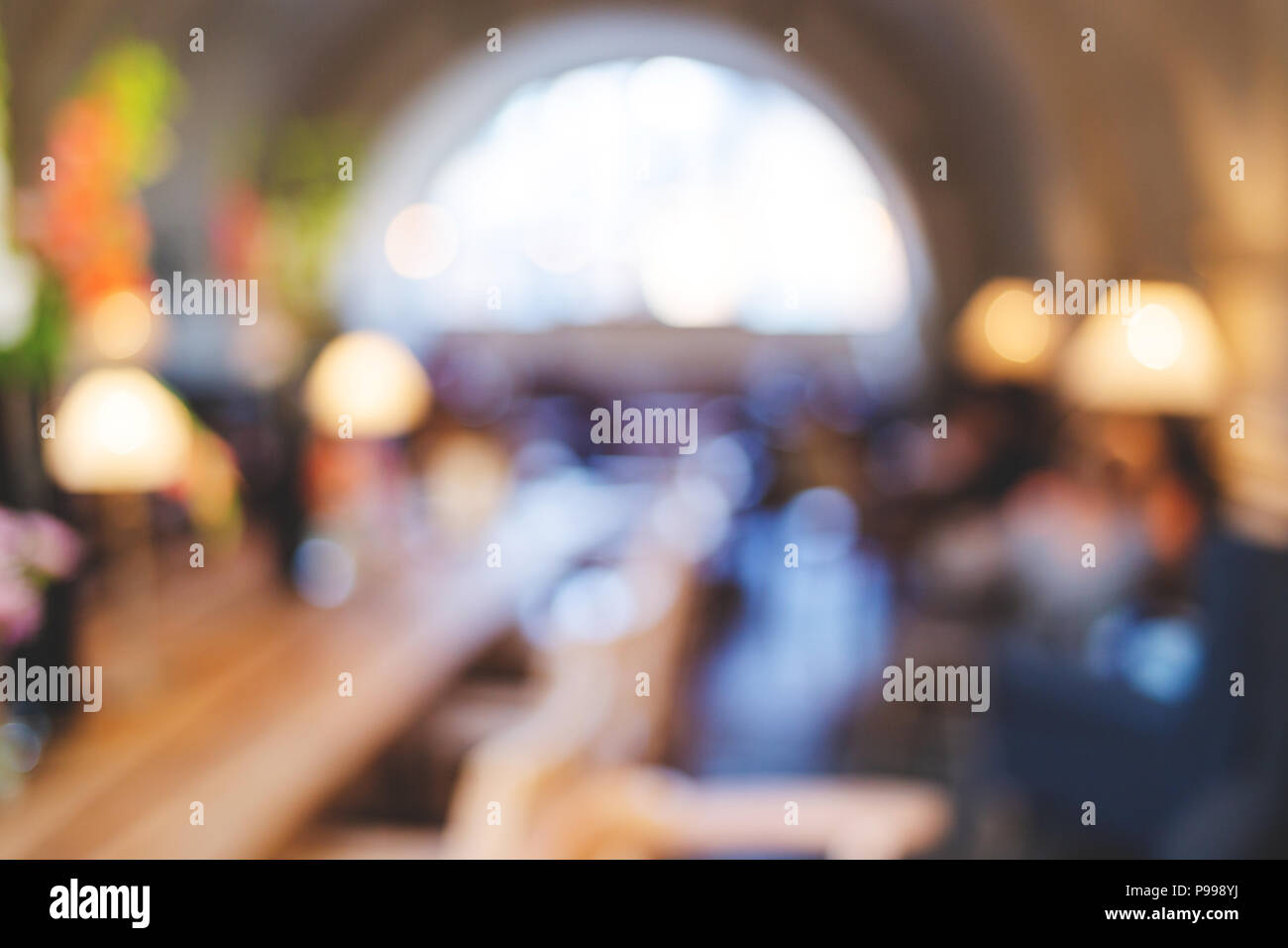 Blurred background with interior of cafeteria. Bokeh. Stock Photo