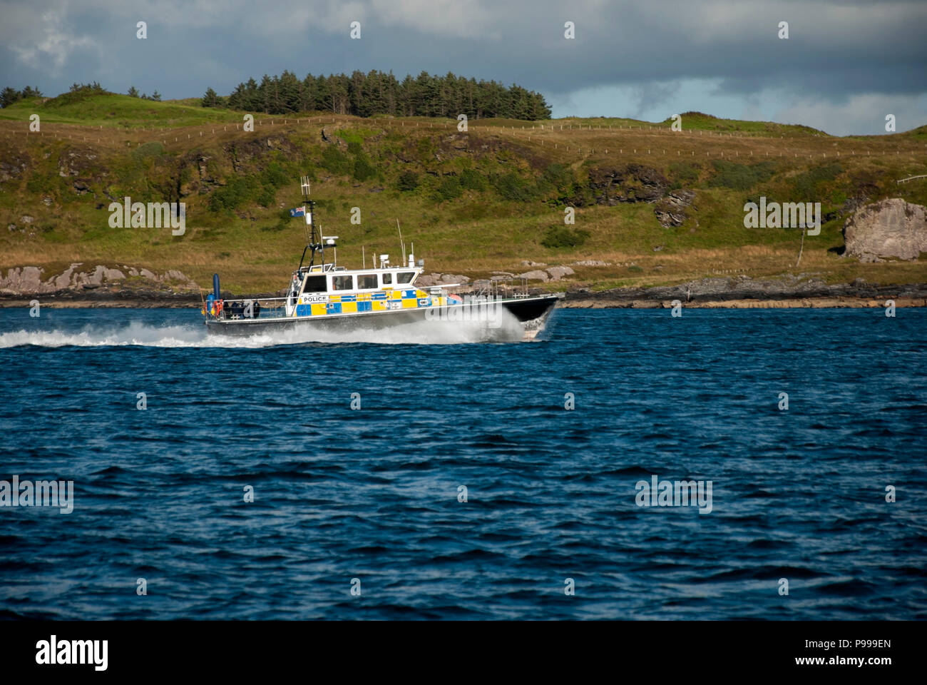 M.O.D. Police Fast Patrol Boat Condor Sound of Luing West Coast of Scotland view of ministry of defence clyde marine unit holyhead marine black and wh Stock Photo