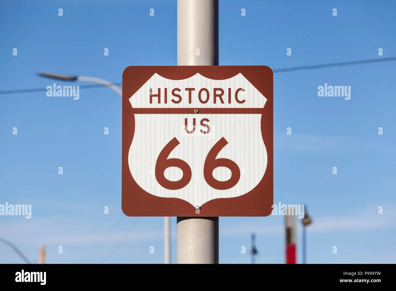 Historic US Route 66 highway sign in Kingman Arizona. Stock Photo