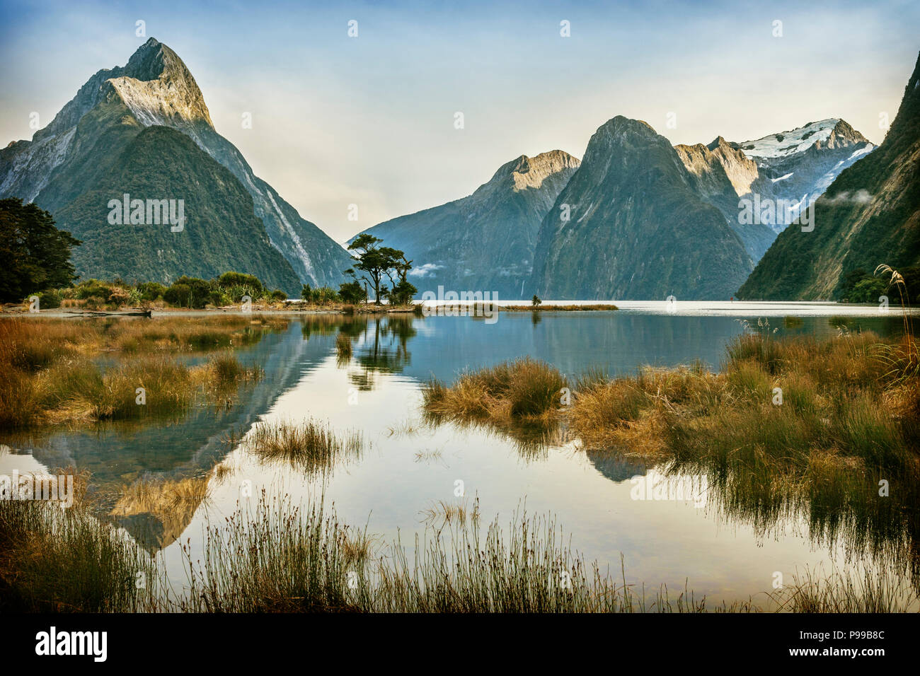 Mitre Peak, Milford Sound, Fiordland National Park,New Zealand. World famous Milford Sound is an icon of New Zealand and a UNESCO World Heritage Site, Stock Photo