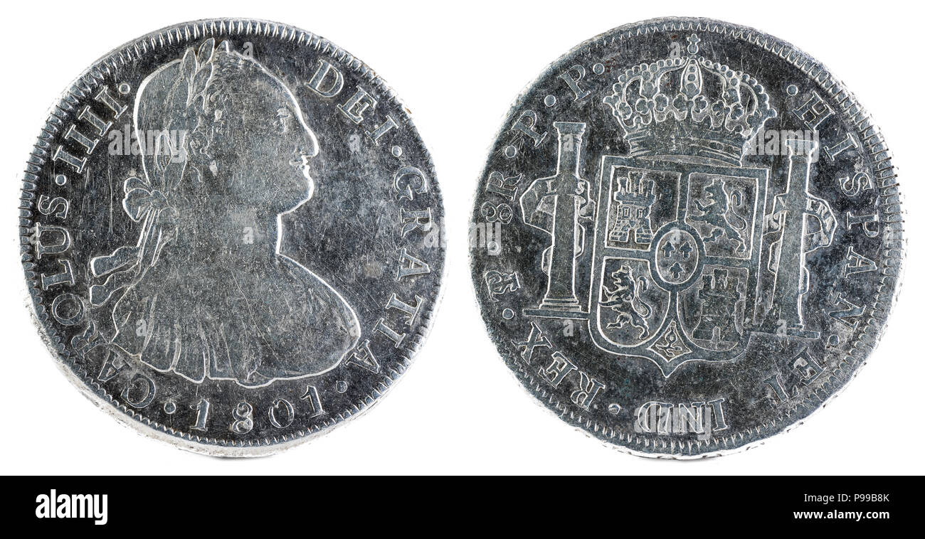 Ancient Spanish silver coin of the King Carlos IV. 1801. Coined in