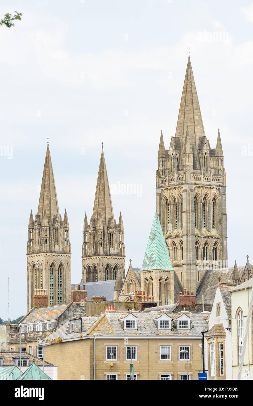 Spire, tower and steeple at the most recently built of England's cathedrals, Truro, Cornwall. Stock Photo