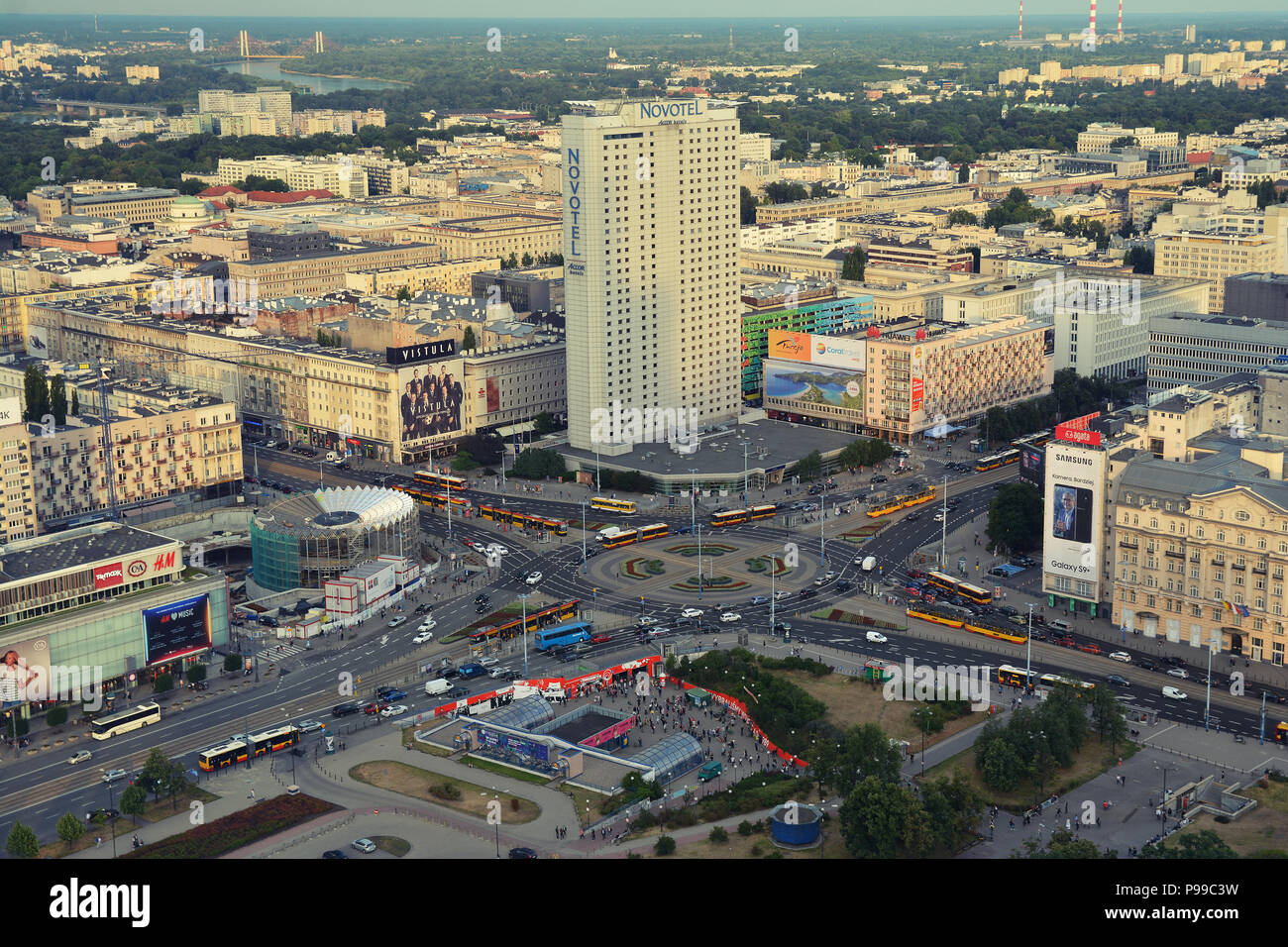 WARSAW,POLAND -JUNE 27, 2018.View  from the Palace of Culture and Science,the Rondo Romana Dmowskiego ,commercial buildings and traffic transportation. Stock Photo