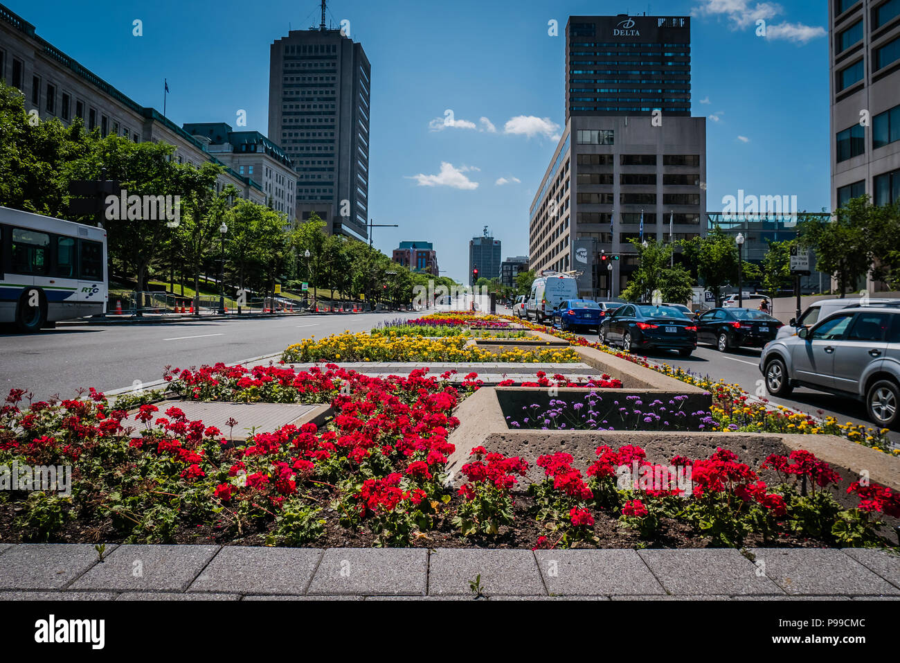 flowers planted in the middle of the road quebec city canada Stock Photo