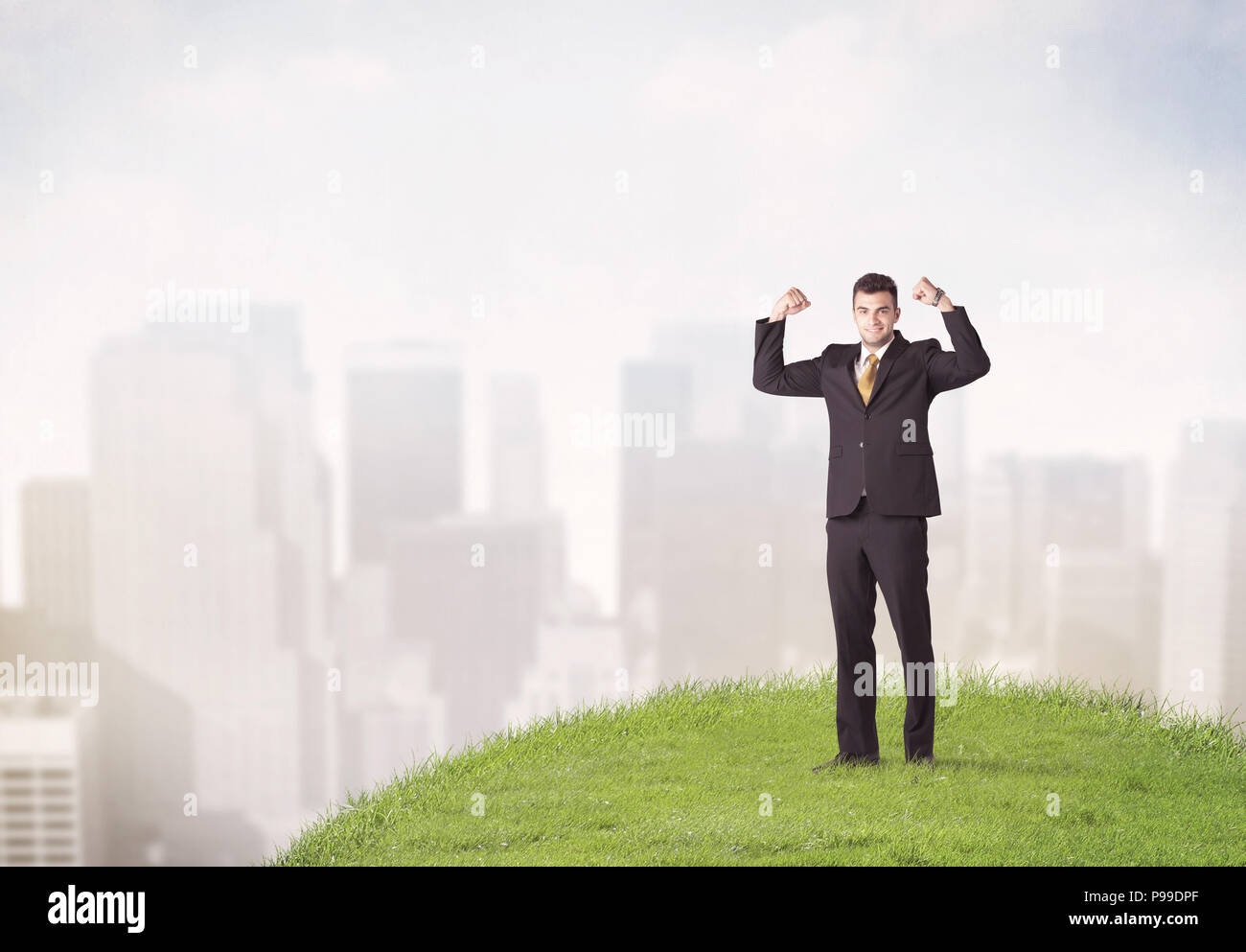A cheerful caucasian elegant sales manager standing in small green ...