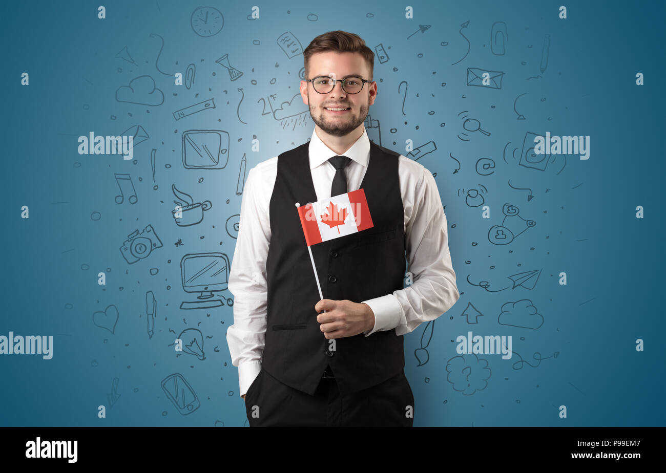 Businessman with office symbol concept and little flag on his hand  Stock Photo
