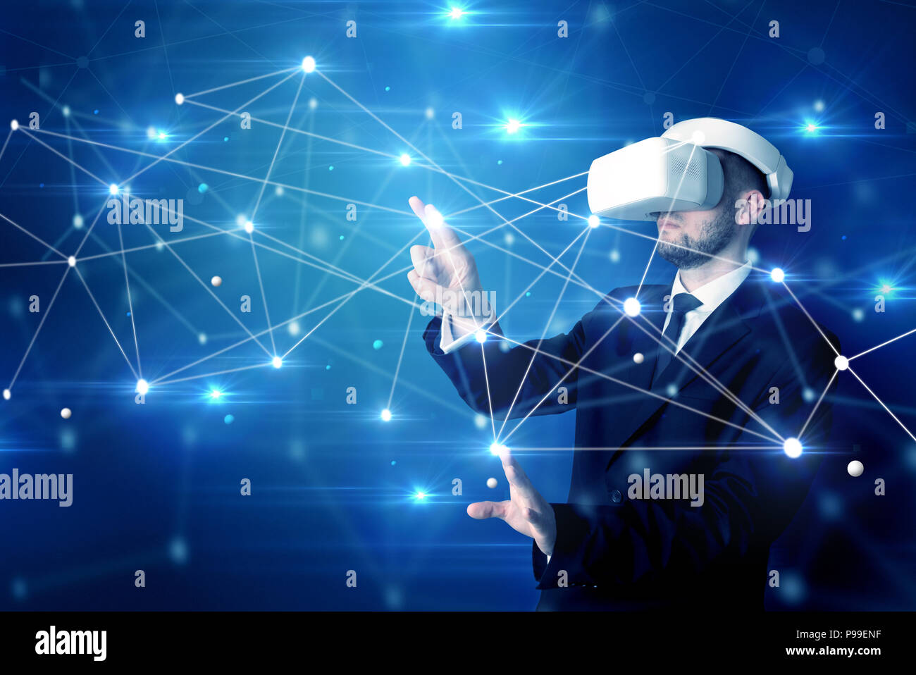 Businessman in virtual reality goggles investigate global network connectivity concept  Stock Photo