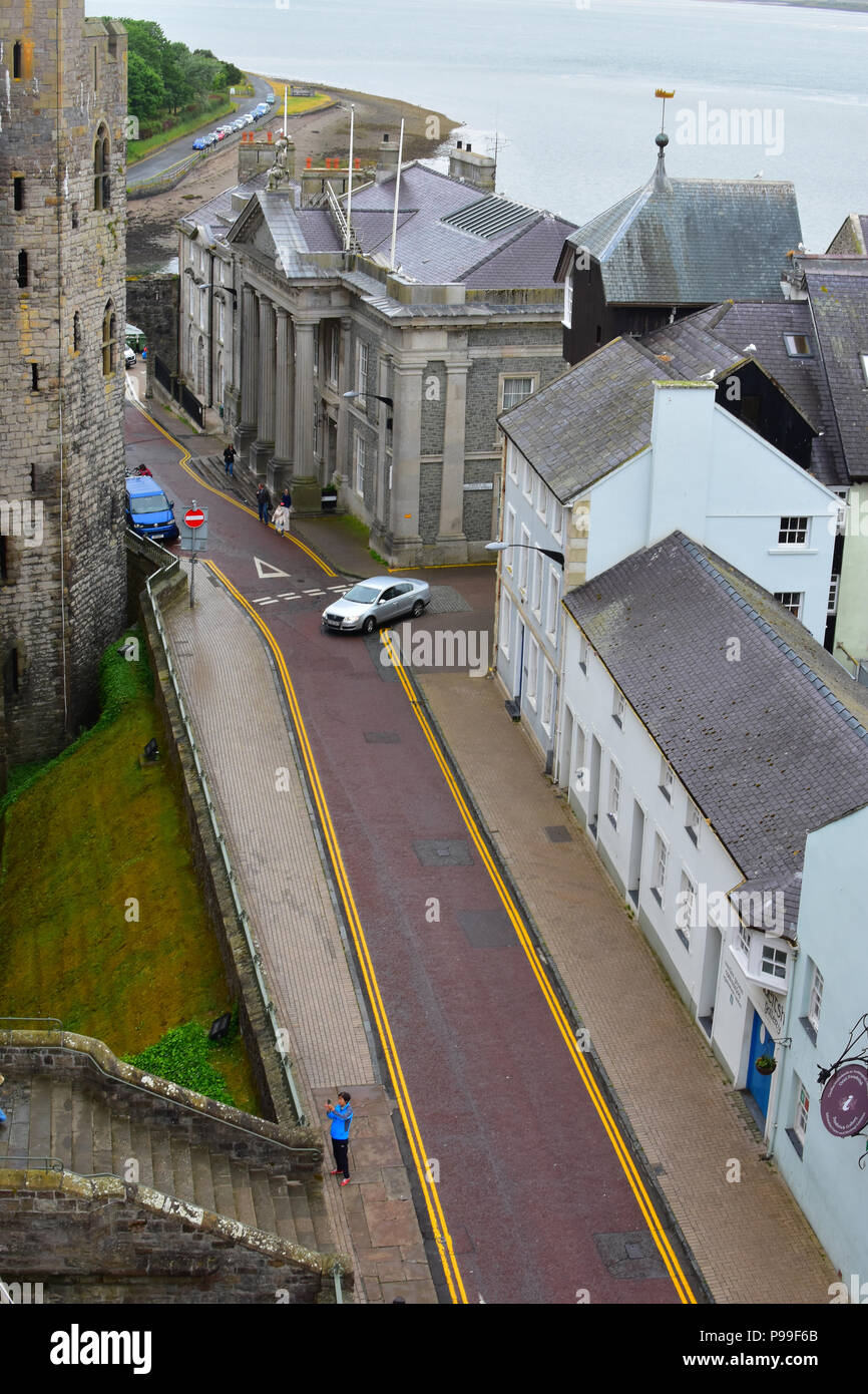 View of The Town Hall in Castle Ditch from Caernarfon Castle, Caernarfon North Wales Stock Photo