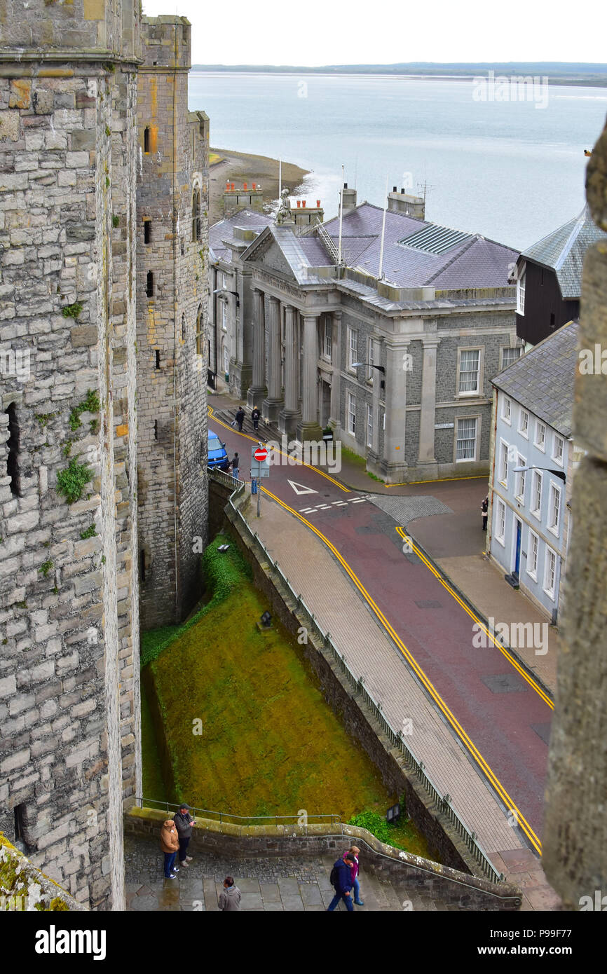 View of The Town Hall in Castle Ditch from Caernarfon Castle, Caernarfon North Wales Stock Photo