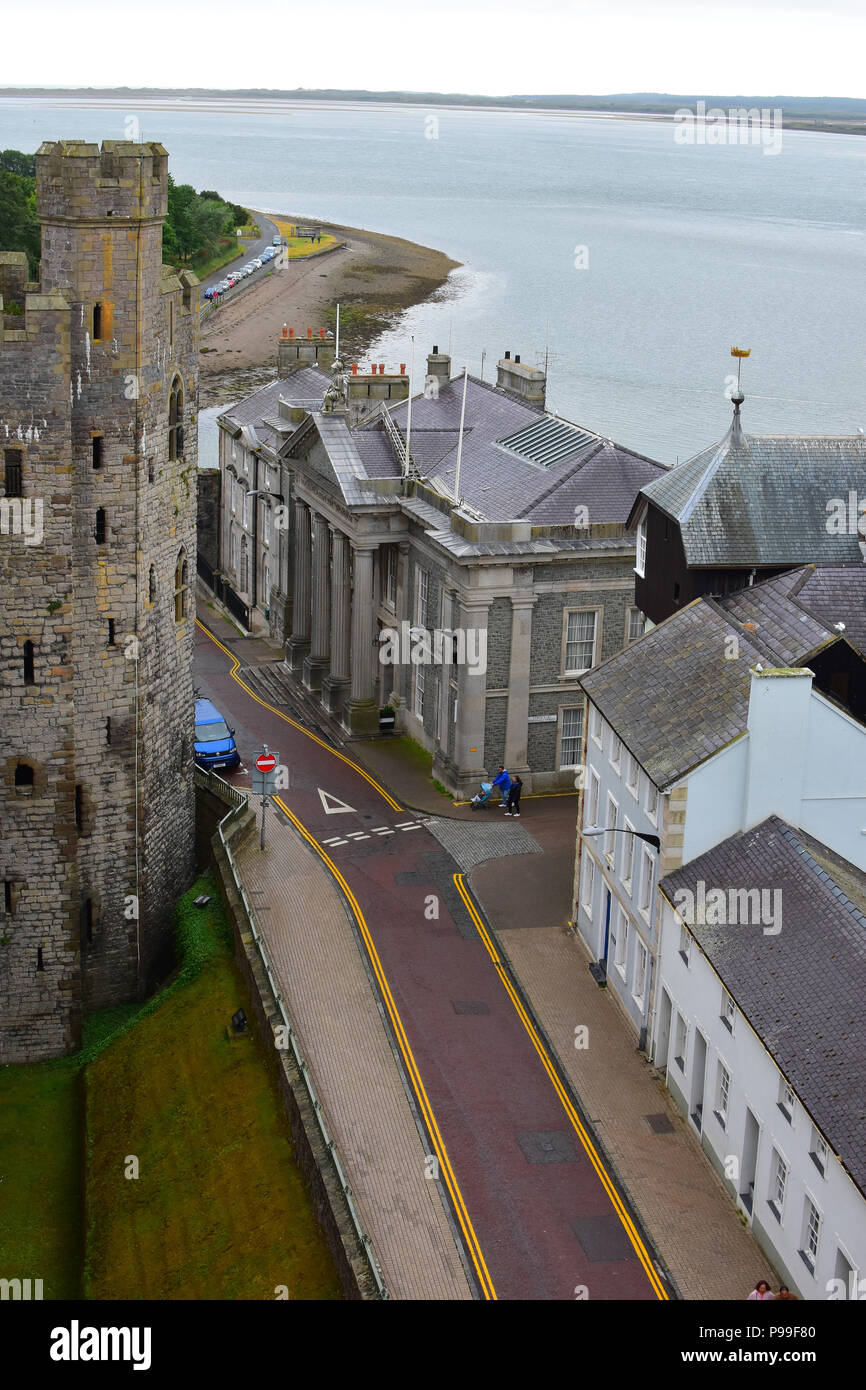 View of The Town Hall in Castle Ditch from Caernarfon Castle, Caernarfon North Wales Stock Photo
