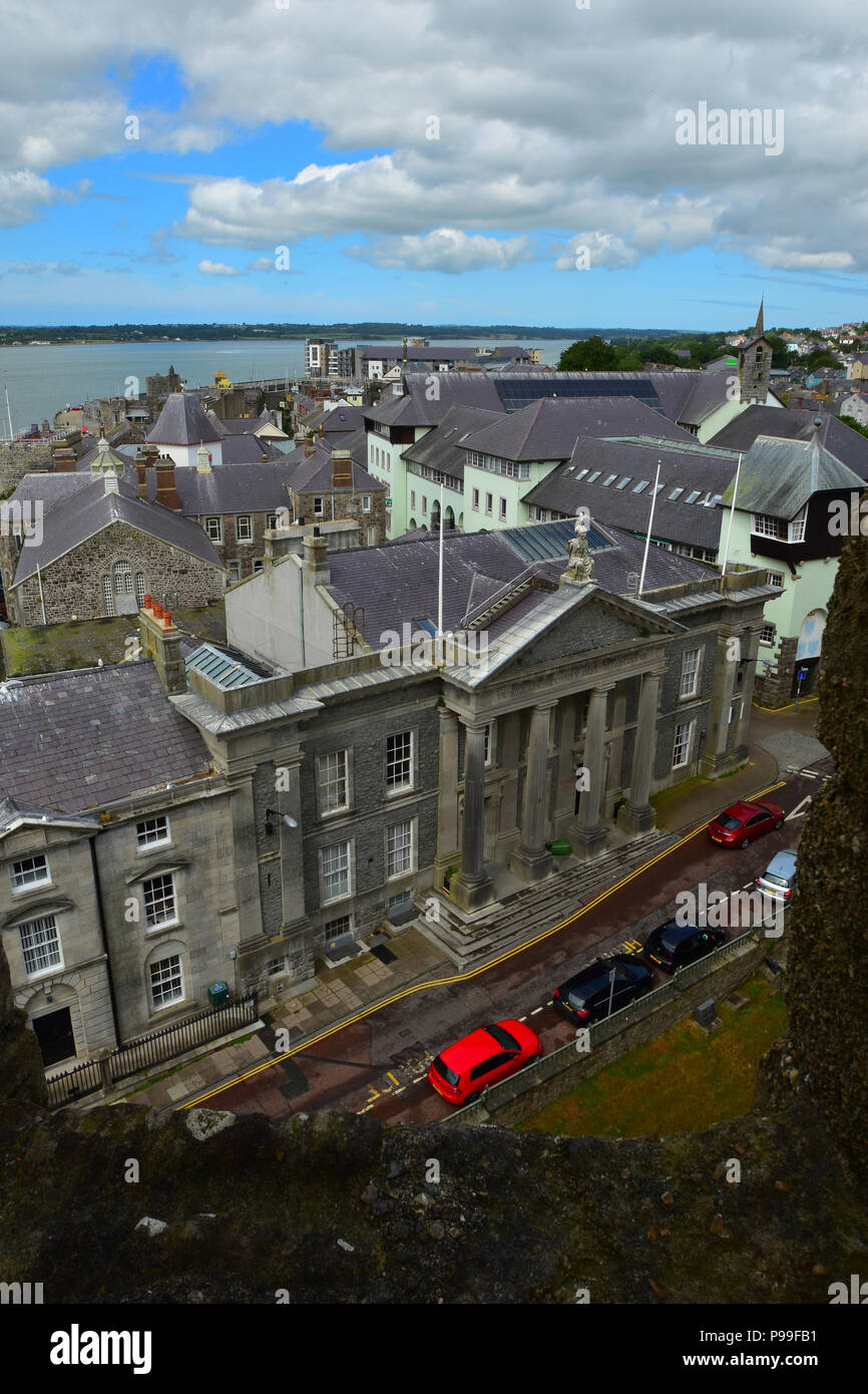 View of The Town Hall in Castle Ditch from Caernarfon Castle, Caernarfon North Wales Stock Photo