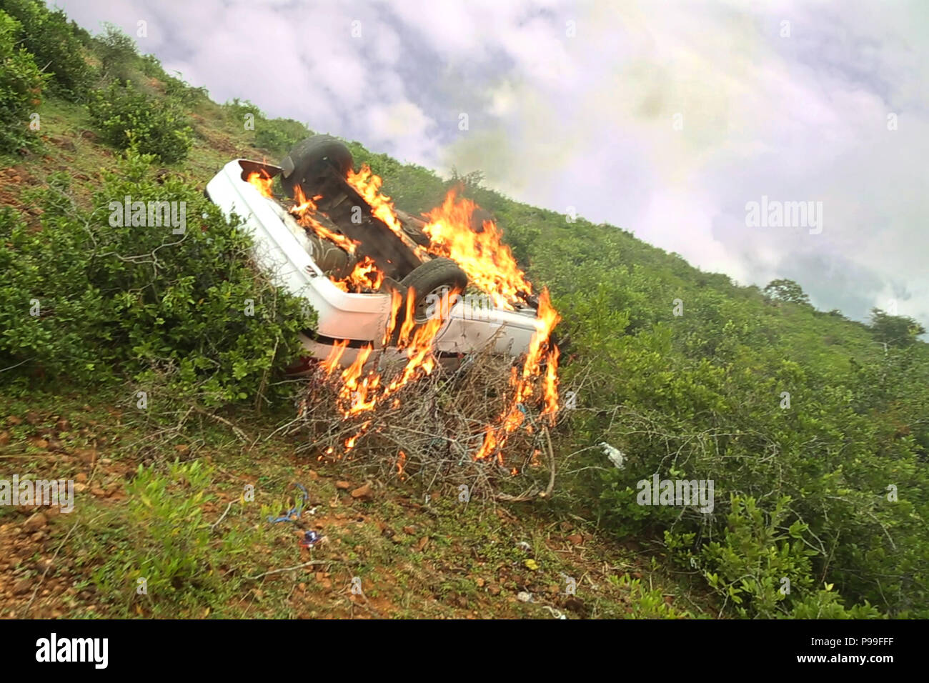 fire, Car accident on the forests, day effects Stock Photo Alamy