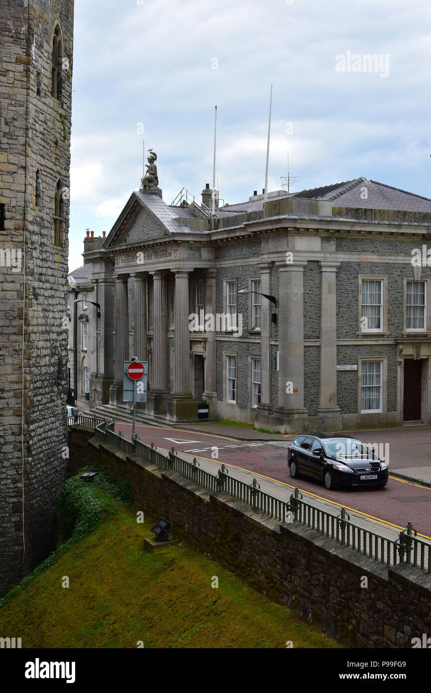 View of The Town Hall in Castle Ditch from Caernarfon Castle, Caernarfon North Wales Stock Photo