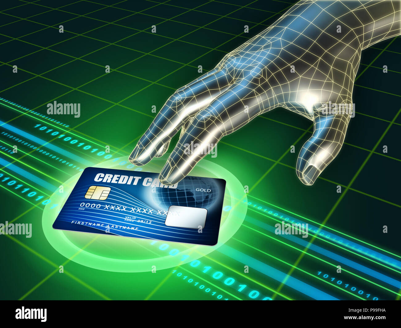 Hacker's hand trying to steal a credit card. Digital illustration. Stock Photo