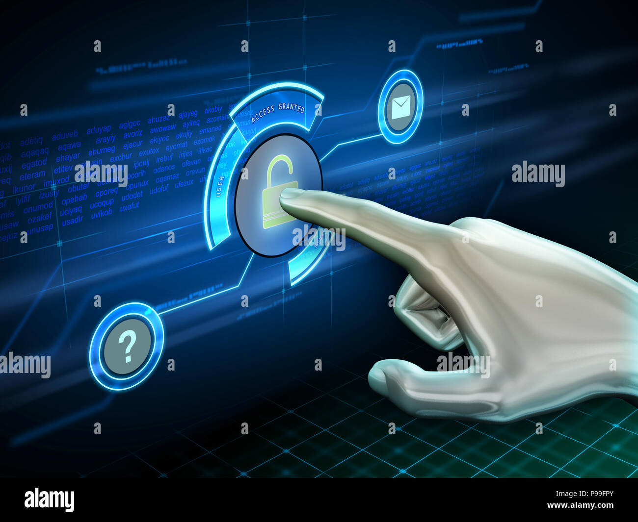 Hand interacting with a modern graphical interface. 3D illustration. Stock Photo