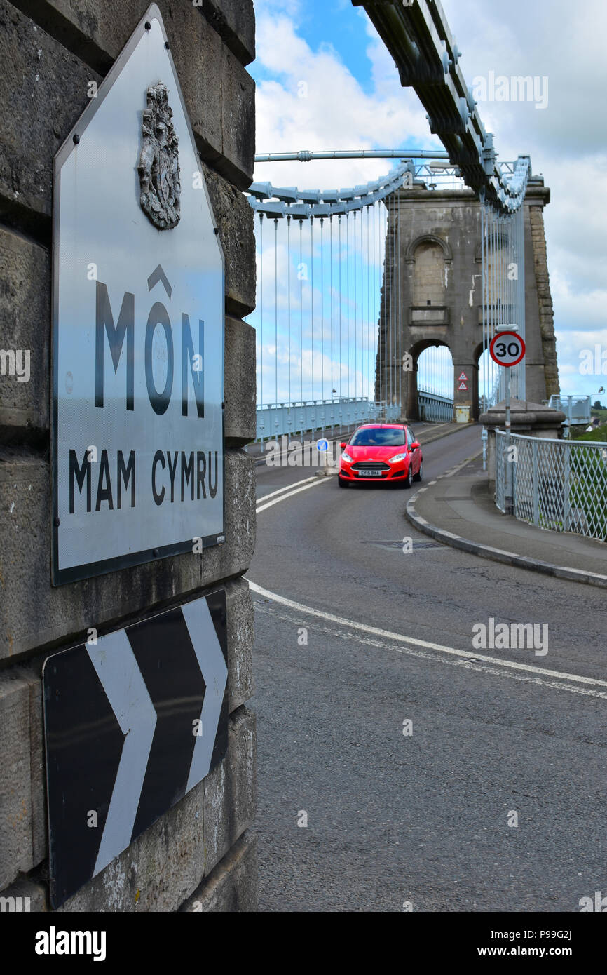 South end of the Menai Bridge spanning the Menai Strait, Welsh language Môn sign meaning 'Anglesey', Wales, United Kingdom, Europe Stock Photo