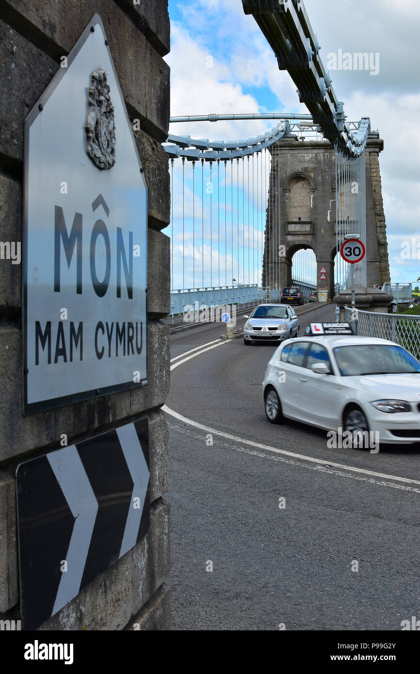 South end of the Menai Bridge spanning the Menai Strait, Welsh language Môn sign meaning 'Anglesey', Wales, United Kingdom, Europe Stock Photo