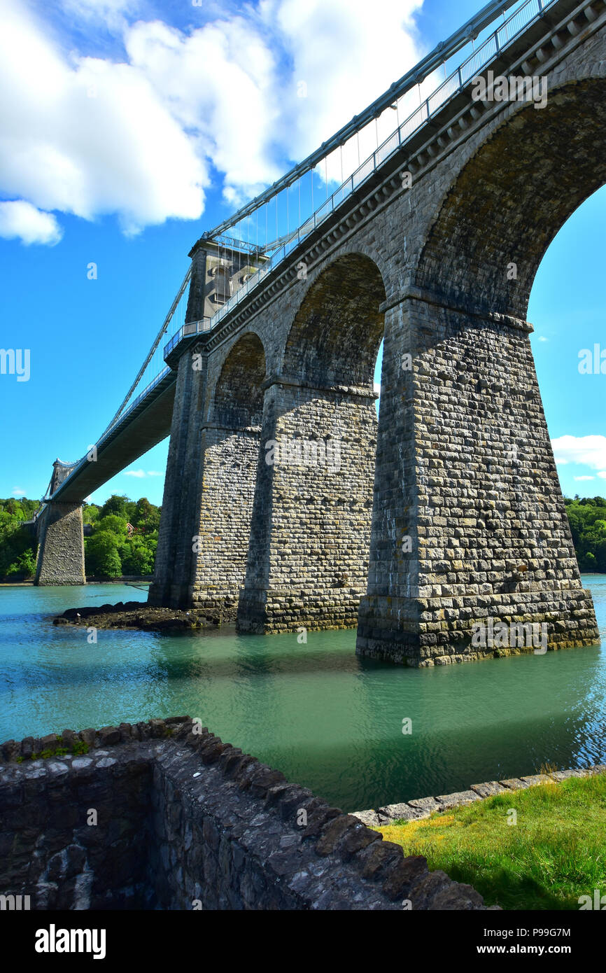 Menai Bridge spanning the Menai Strait, Anglesey, Wales, United Kingdom