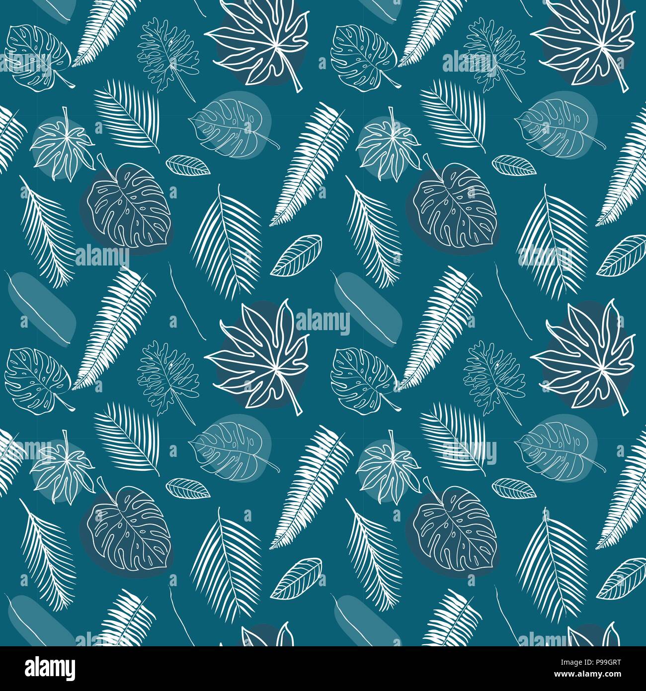 Seamless white line various tropical leaves pattern on navy blue background vector Stock Vector