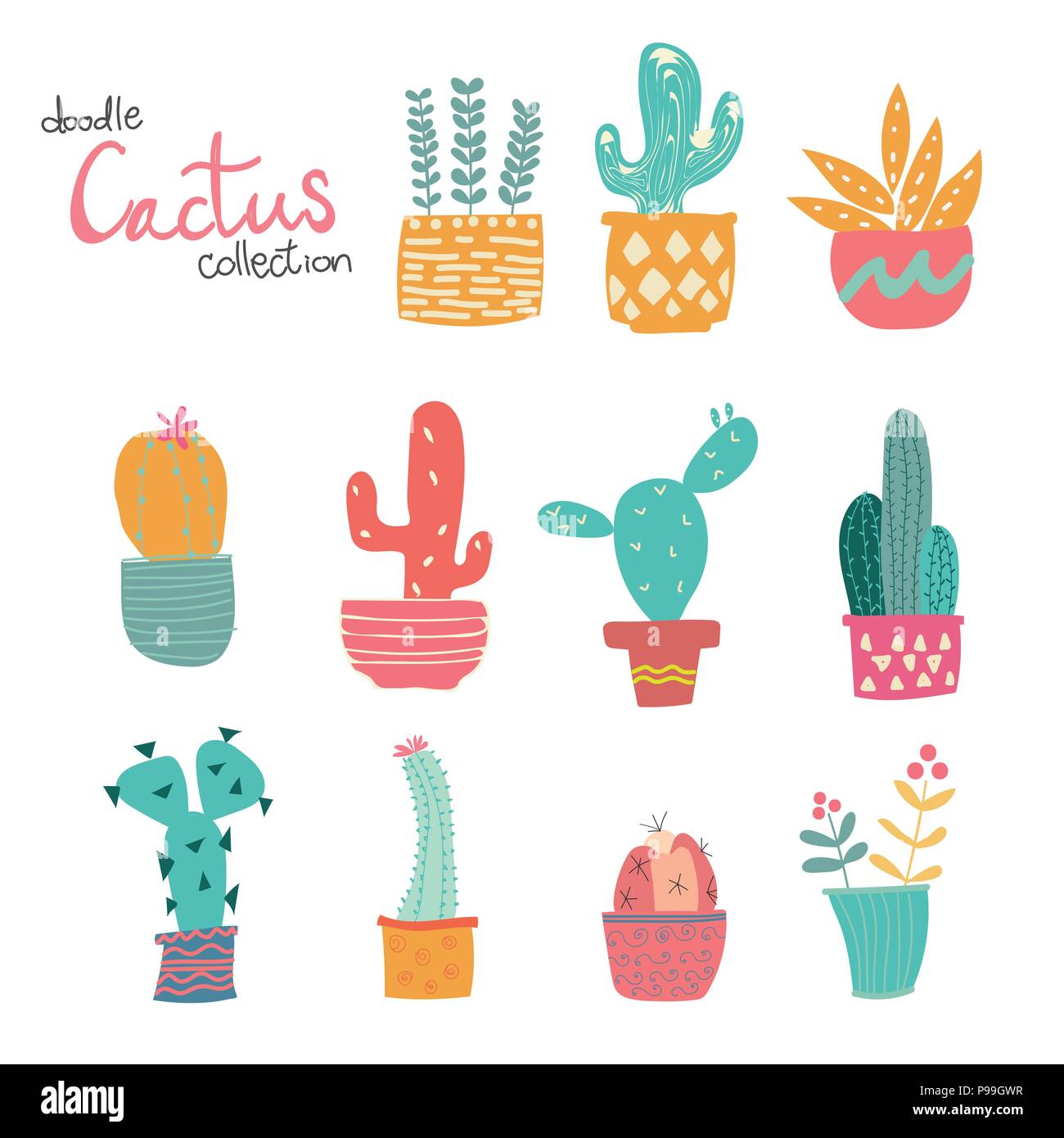cute doodle hand drawn pastel cactus collection Stock Vector
