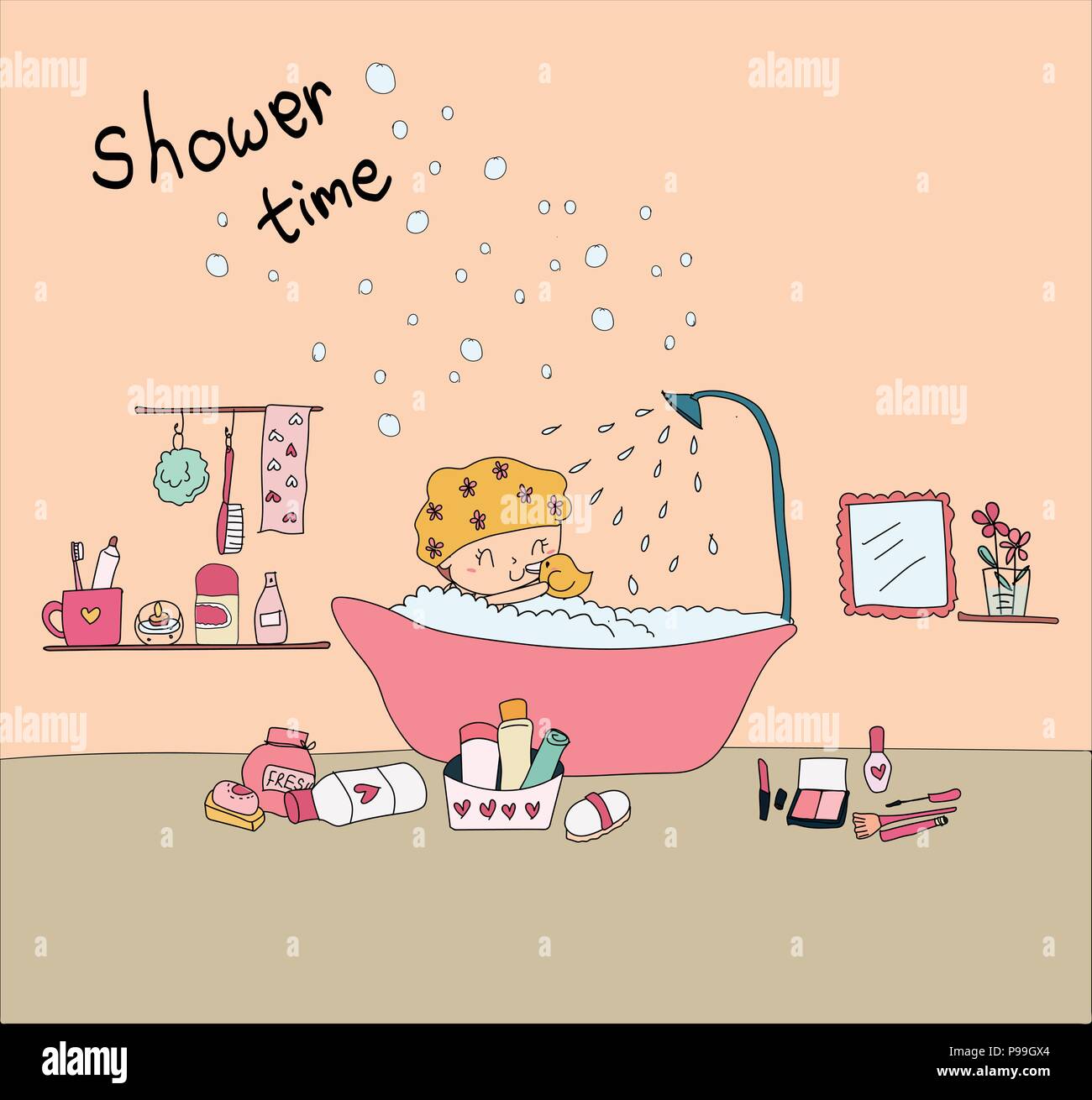 Doodle Hand Drawn Happy Girl Take Shower In Bathtub With Shower