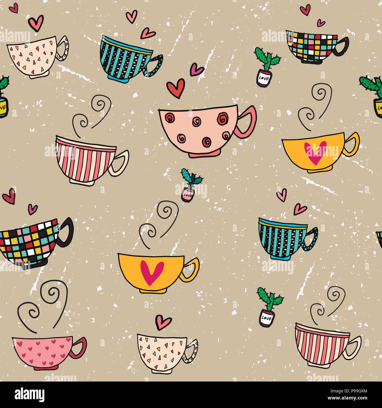 Hand drawn coffee cup seamless pattern design. Coffee cups vector pattern,  free hand drawn cups on brown background. Stock Vector