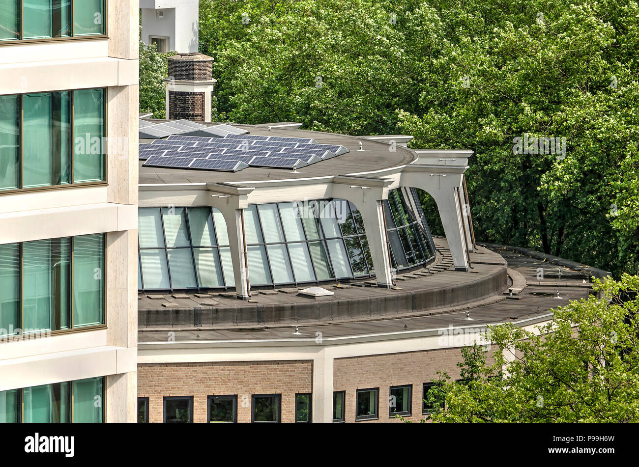 Rotterdam, The Netherlands, June 3, 2018: high angle view of the Bouwcentrum (construction center) by architect J.W. Boks, a municipal monument from t Stock Photo