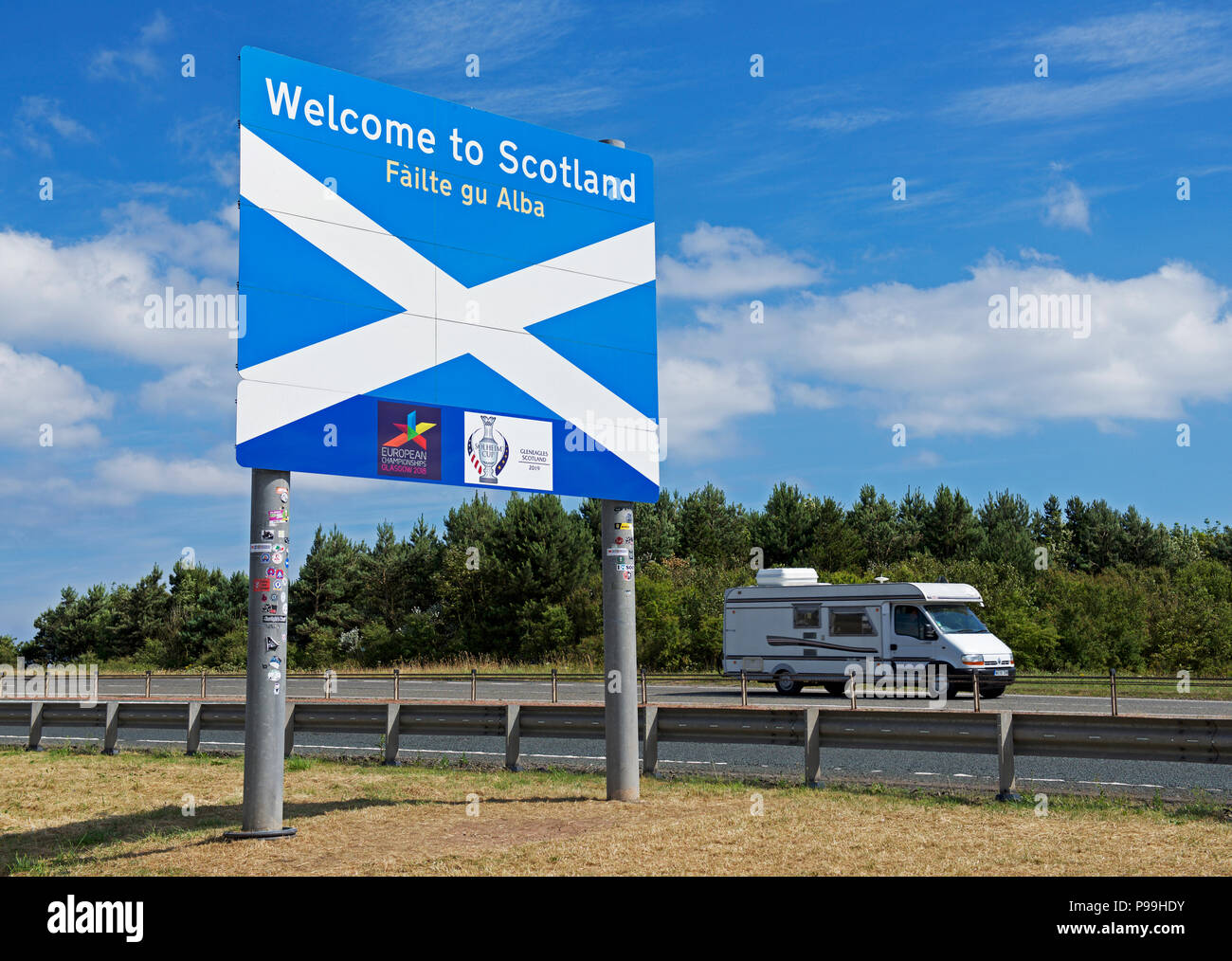 Welcome on Scotland sign on the A1 road, UK Stock Photo