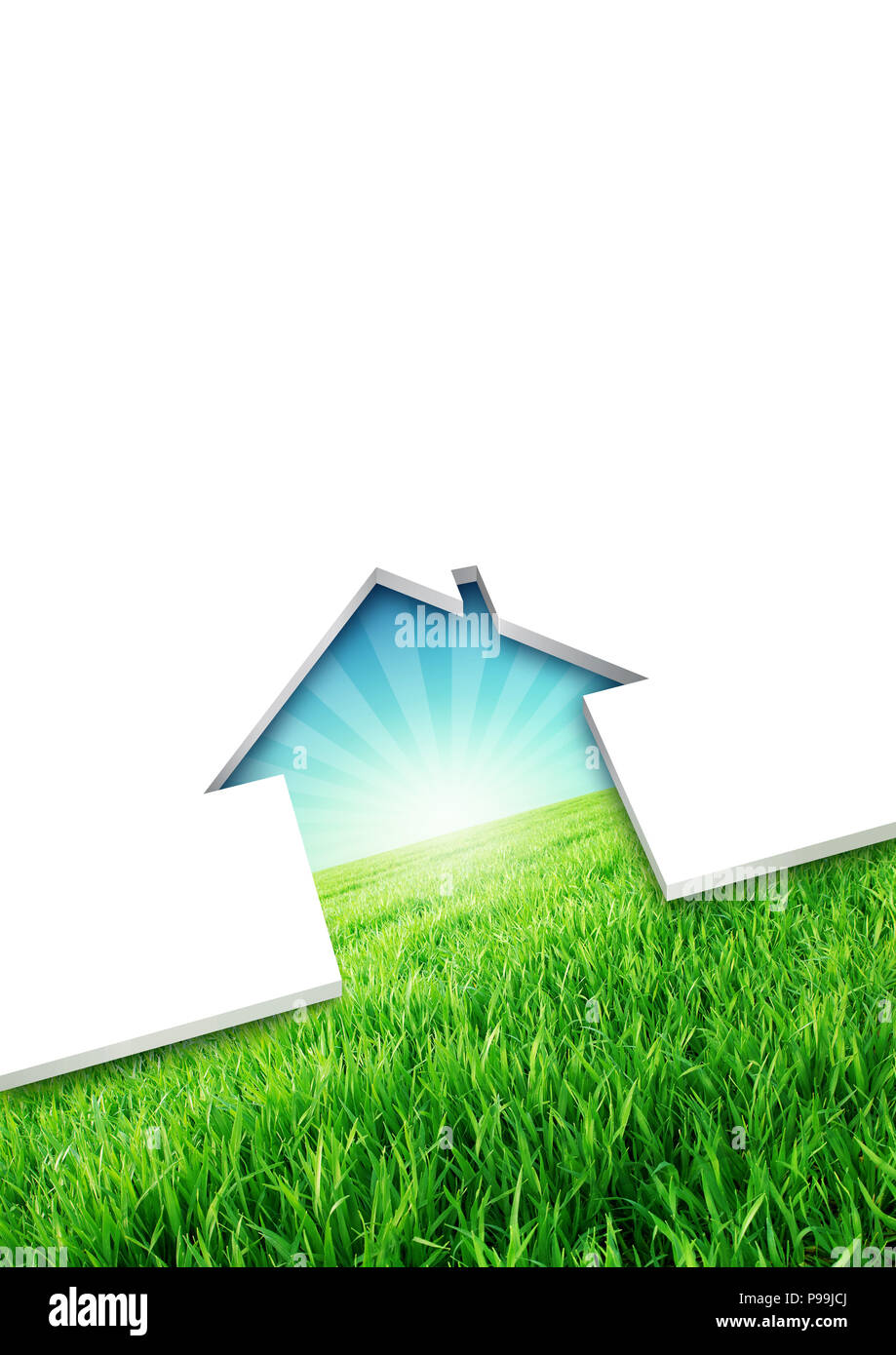 Cutting of a blank sheet, house shaped above a green environmental background Stock Photo