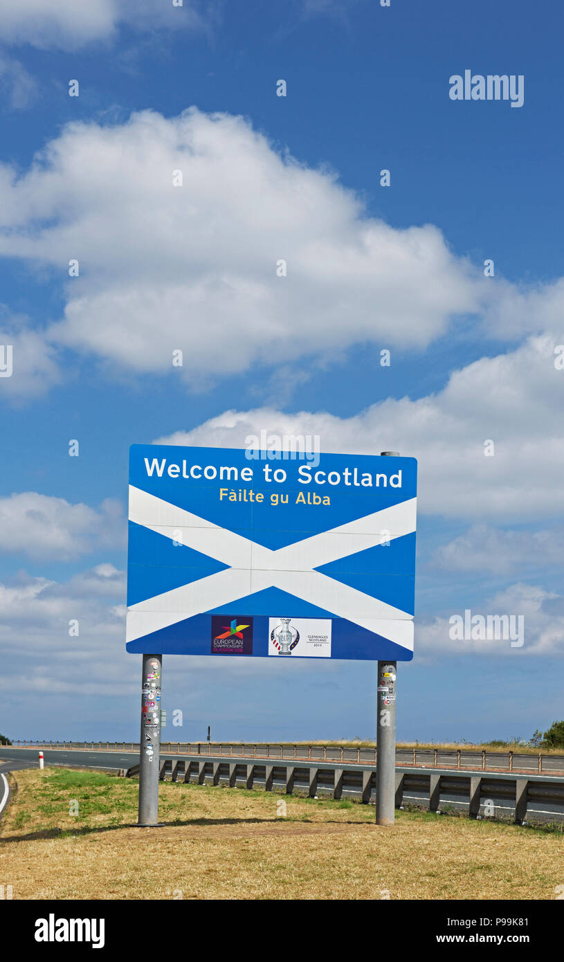 Welcome to Scotland, border sign on A1 road, UK Stock Photo