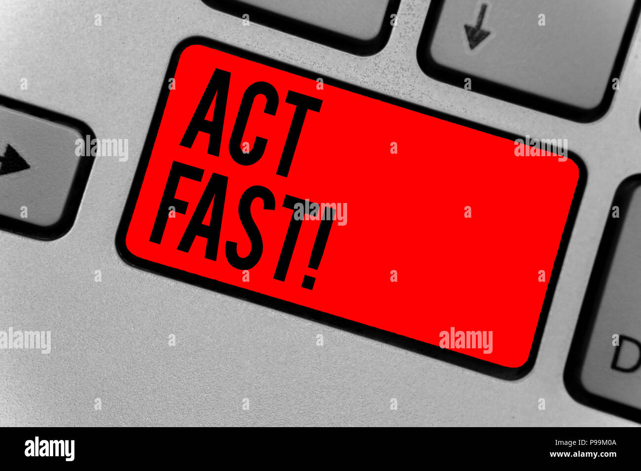 Text sign showing Act Fast. Conceptual photo Voluntarily move in the highest state of speed initiatively Keyboard red key Intention create computer co Stock Photo