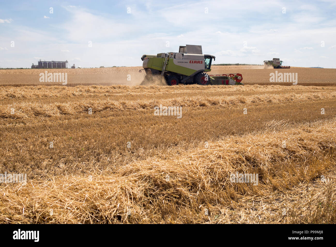 A combine harvester works in a field cutting wheat Stock Photo Alamy
