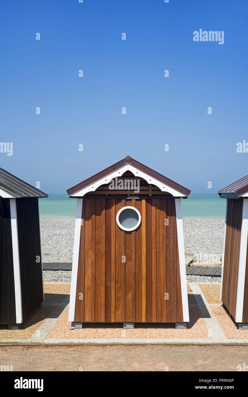 Beach cabins at seaside resort Sainte-Marguerite-sur-Mer along the North Sea coast, Seine-Maritime, Haute-Normandie, Côte d'Albâtre, Normandy, France Stock Photo