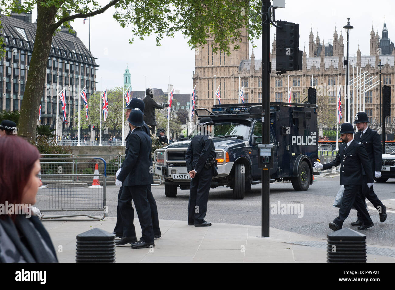 Whitehall, London, UK. 18th May 2016. Security in Westminster remains high this morning as hundreds of police officers and road block measures deploye Stock Photo