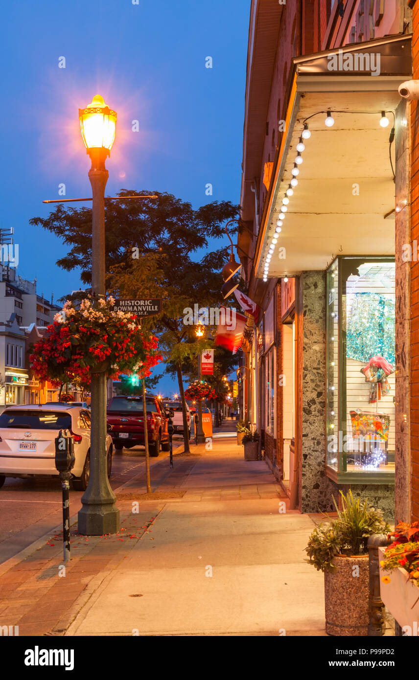 A pedestrian walkway along King Street at dusk in downtown Bowmanville