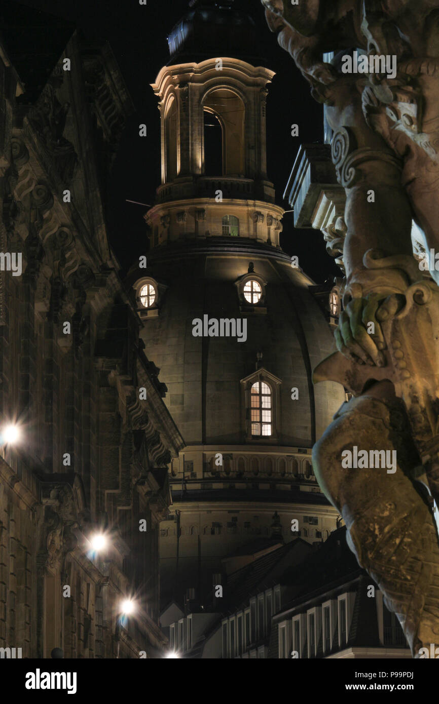 View on the Dresden church of our lady from the Fürstenzug during the late evening Stock Photo