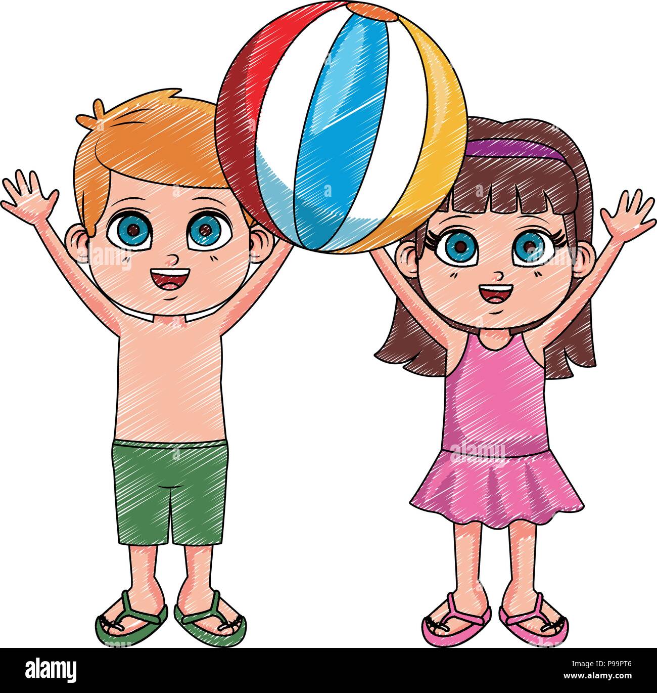 Cute kids with beach ball cartoons vector illustration graphic design